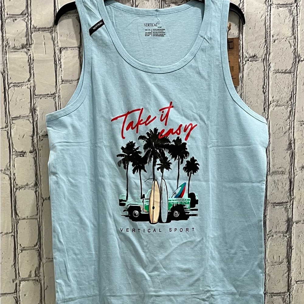 Vertical Size: Mens  Sleeveless Top Blue Graphic 100% Cotton
